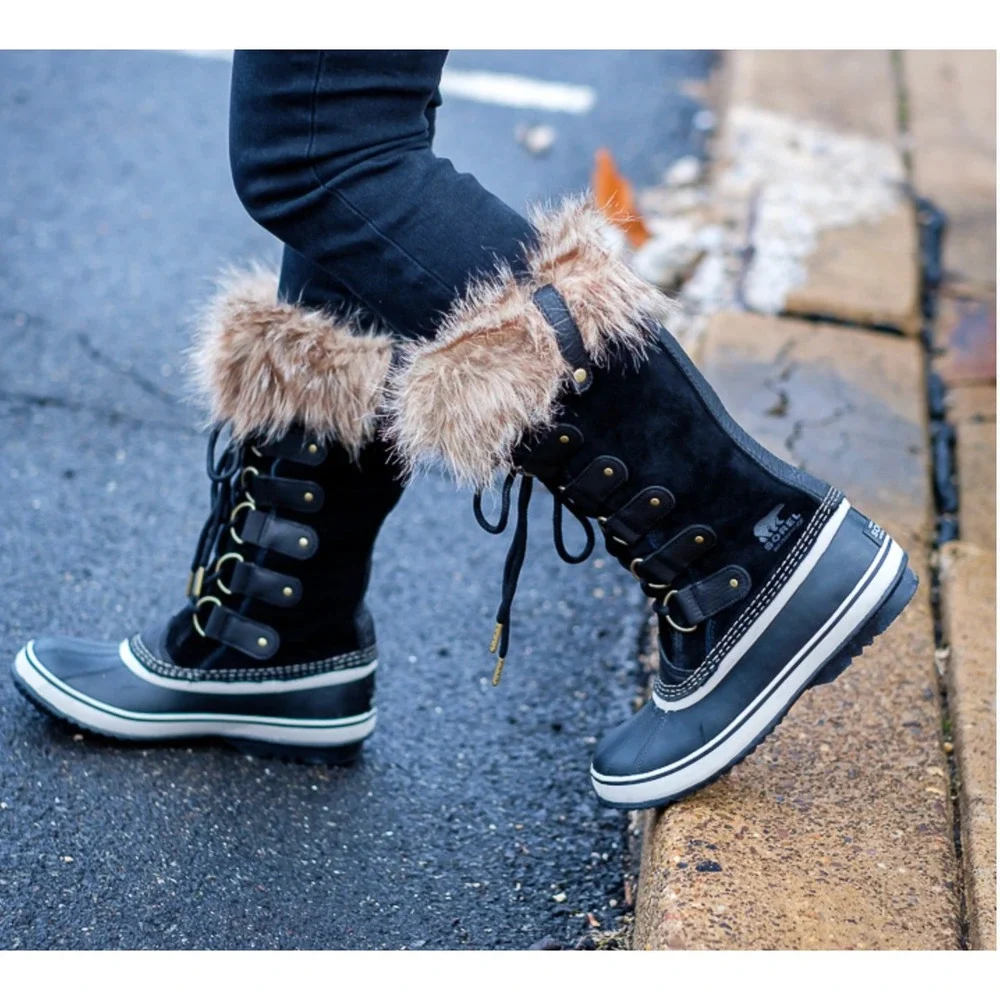 Sorel Joan of Arctic Black Suede Waterproof Winter Boots Faux‎ Fur x123